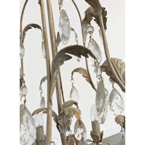 108 - CHANDELIER, French style grey painted metal, with eight branches and glass drops, 65cm H x 60cm W.