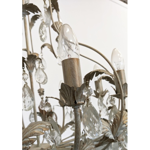 108 - CHANDELIER, French style grey painted metal, with eight branches and glass drops, 65cm H x 60cm W.