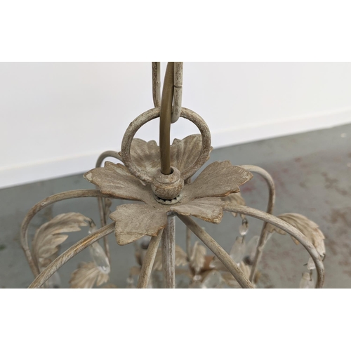 108 - CHANDELIER, French style grey painted metal, with eight branches and glass drops, 65cm H x 60cm W.