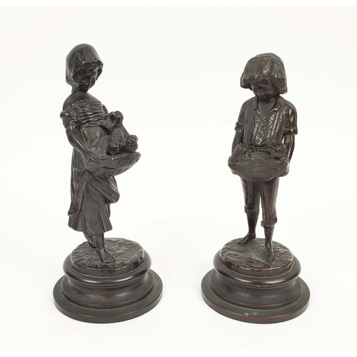 10 - BRONZE FIGURES, a pair, puppy and kitten sellers, signature to base, 26cm H. (2)