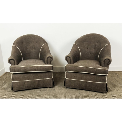 150 - ARMCHAIRS, a pair, bespoke made by Kingcome (by repute), upholstered in Herringbone weave with ivory... 