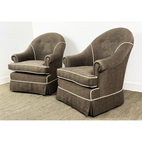 150 - ARMCHAIRS, a pair, bespoke made by Kingcome (by repute), upholstered in Herringbone weave with ivory... 