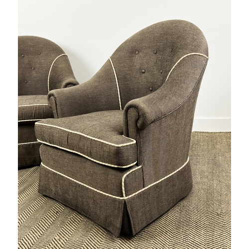 150 - ARMCHAIRS, a pair, bespoke made by Kingcome (by repute), upholstered in Herringbone weave with ivory... 