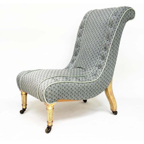 163 - SLIPPER CHAIR, second half 19th century giltwood with Colefax woven buttoned and piped upholstery an... 