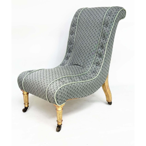 163 - SLIPPER CHAIR, second half 19th century giltwood with Colefax woven buttoned and piped upholstery an... 