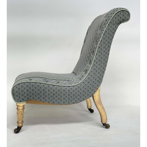 163 - SLIPPER CHAIR, second half 19th century giltwood with Colefax woven buttoned and piped upholstery an... 