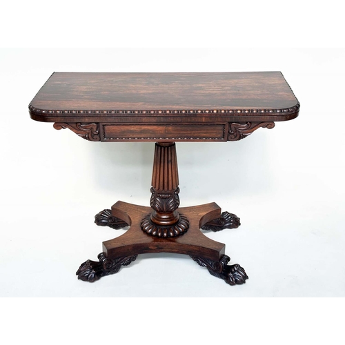 164 - CARD TABLE, William IV rosewood, rounded rectangular baize-lined with carved frieze, reeded column a... 