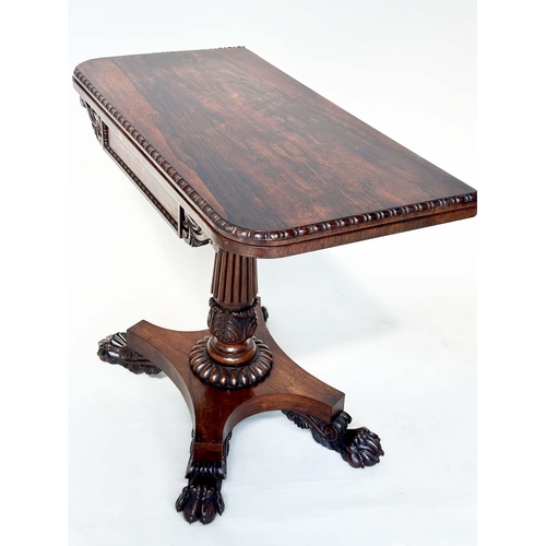 164 - CARD TABLE, William IV rosewood, rounded rectangular baize-lined with carved frieze, reeded column a... 