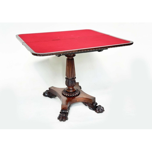 164 - CARD TABLE, William IV rosewood, rounded rectangular baize-lined with carved frieze, reeded column a... 