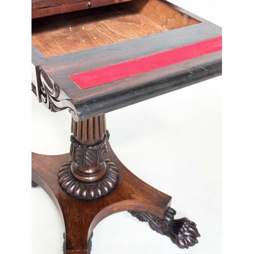 164 - CARD TABLE, William IV rosewood, rounded rectangular baize-lined with carved frieze, reeded column a... 