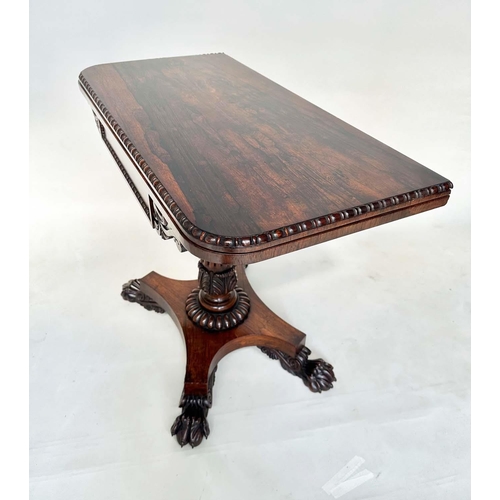 164 - CARD TABLE, William IV rosewood, rounded rectangular baize-lined with carved frieze, reeded column a... 