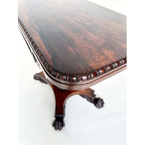 164 - CARD TABLE, William IV rosewood, rounded rectangular baize-lined with carved frieze, reeded column a... 