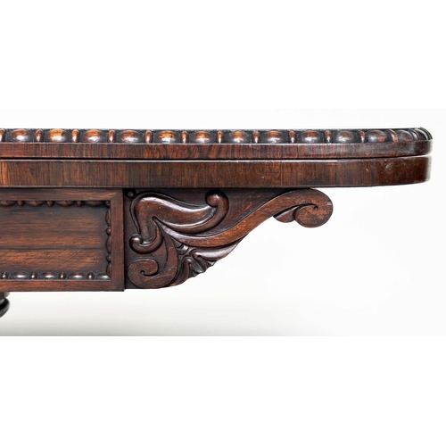 164 - CARD TABLE, William IV rosewood, rounded rectangular baize-lined with carved frieze, reeded column a... 