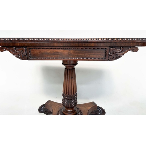 164 - CARD TABLE, William IV rosewood, rounded rectangular baize-lined with carved frieze, reeded column a... 