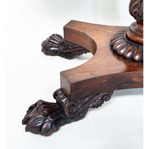 164 - CARD TABLE, William IV rosewood, rounded rectangular baize-lined with carved frieze, reeded column a... 