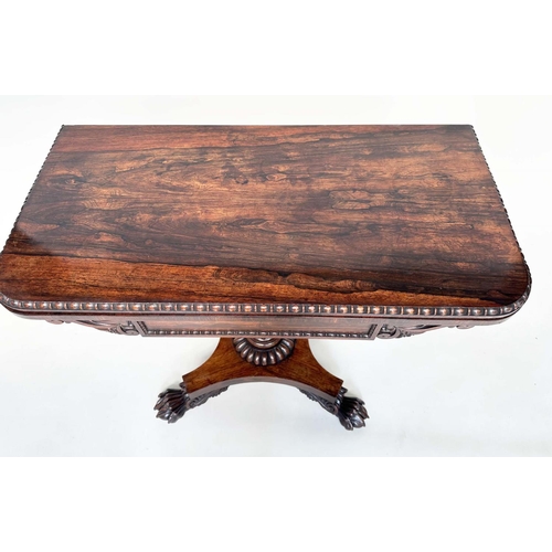 164 - CARD TABLE, William IV rosewood, rounded rectangular baize-lined with carved frieze, reeded column a... 