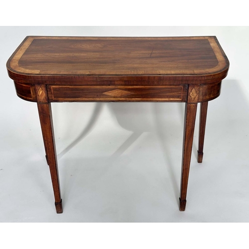 166 - CARD TABLE, George III flame mahogany and satinwood crossbanded and inlaid of D form, foldover baize... 