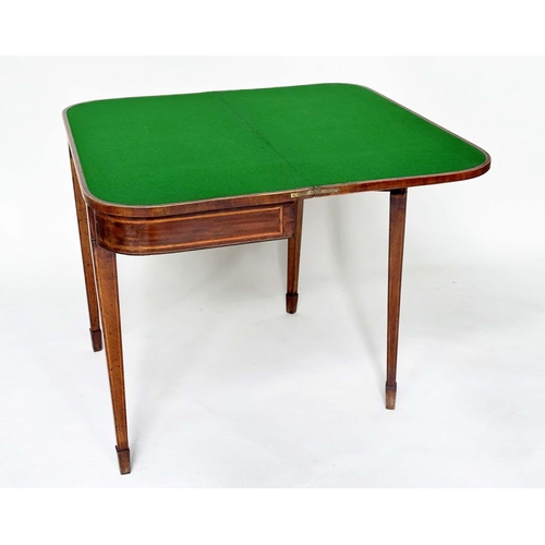 166 - CARD TABLE, George III flame mahogany and satinwood crossbanded and inlaid of D form, foldover baize... 