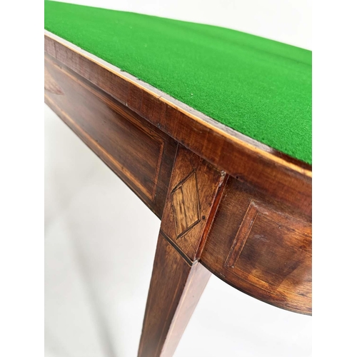 166 - CARD TABLE, George III flame mahogany and satinwood crossbanded and inlaid of D form, foldover baize... 