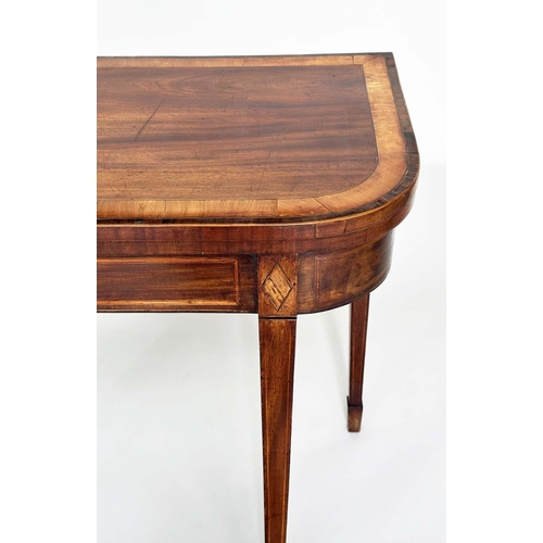 166 - CARD TABLE, George III flame mahogany and satinwood crossbanded and inlaid of D form, foldover baize... 