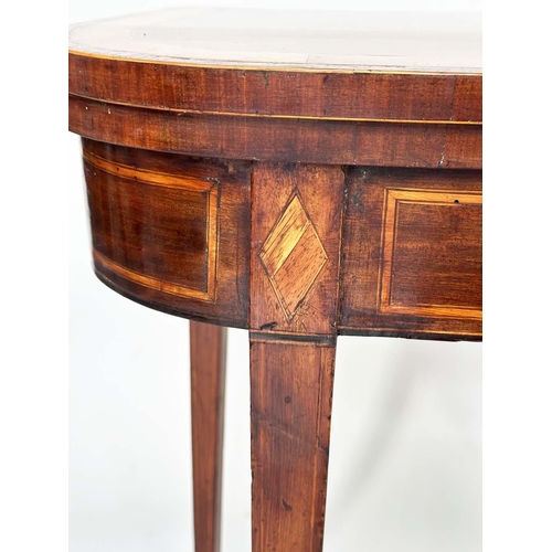 166 - CARD TABLE, George III flame mahogany and satinwood crossbanded and inlaid of D form, foldover baize... 