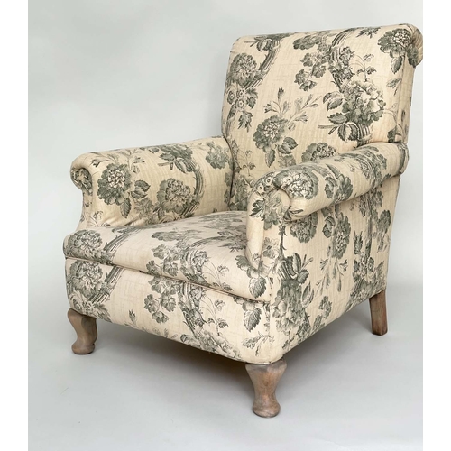 167 - ARMCHAIR, English early 20th century with scrolled back and arms in green toile fabric, 62cm W.