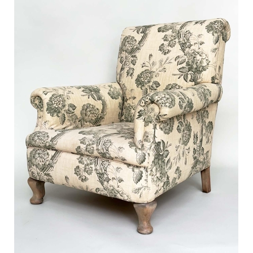 167 - ARMCHAIR, English early 20th century with scrolled back and arms in green toile fabric, 62cm W.