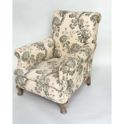 167 - ARMCHAIR, English early 20th century with scrolled back and arms in green toile fabric, 62cm W.