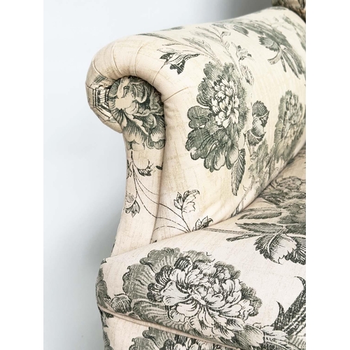 167 - ARMCHAIR, English early 20th century with scrolled back and arms in green toile fabric, 62cm W.