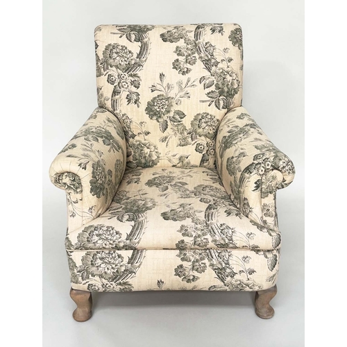 167 - ARMCHAIR, English early 20th century with scrolled back and arms in green toile fabric, 62cm W.