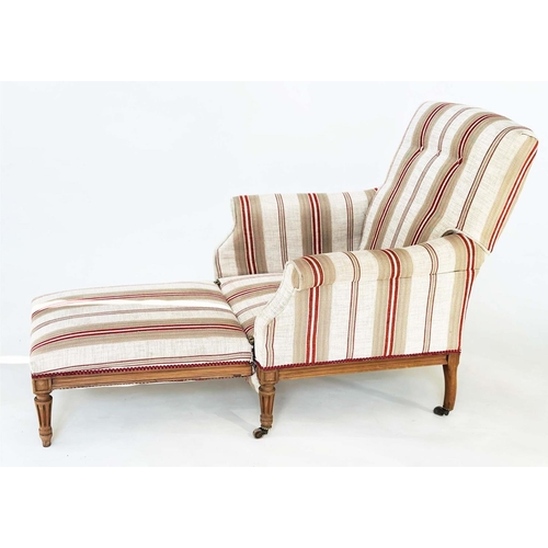 173 - METAMORPHIC ARMCHAIR/CHAISE, early 20th century French striped upholstery foldout armchair transform... 