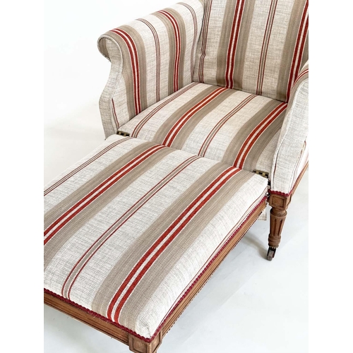 173 - METAMORPHIC ARMCHAIR/CHAISE, early 20th century French striped upholstery foldout armchair transform... 