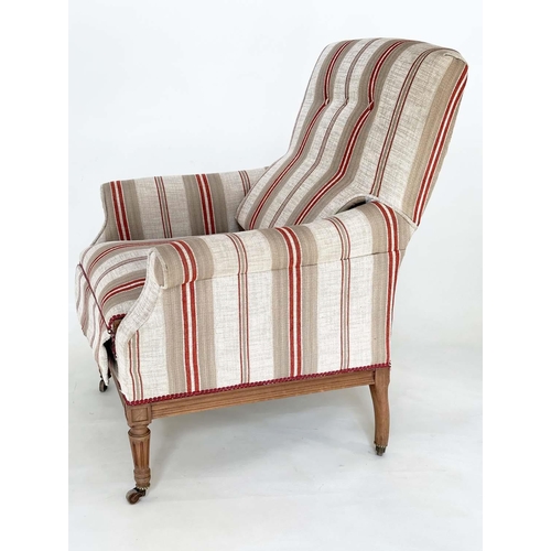 173 - METAMORPHIC ARMCHAIR/CHAISE, early 20th century French striped upholstery foldout armchair transform... 