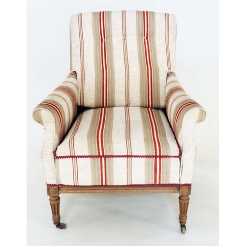 173 - METAMORPHIC ARMCHAIR/CHAISE, early 20th century French striped upholstery foldout armchair transform... 