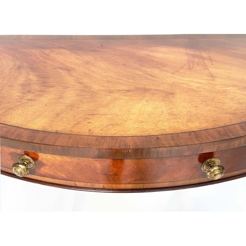 174 - HALL TABLE, George III design flame mahogany and crossbanded of bowed outline with frieze drawer and... 