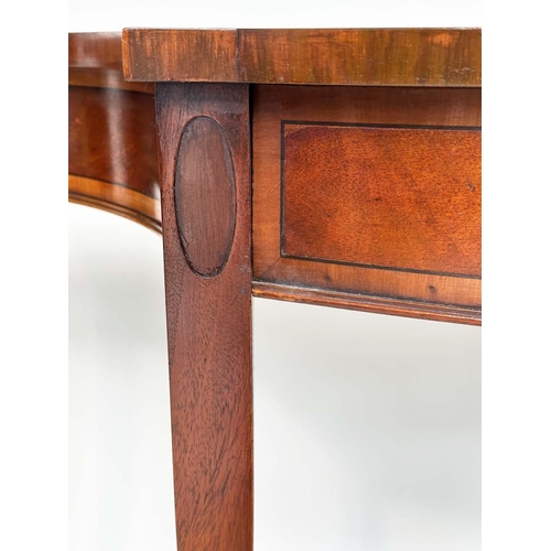 174 - HALL TABLE, George III design flame mahogany and crossbanded of bowed outline with frieze drawer and... 