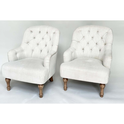 177 - ARMCHAIRS, a pair, Victorian style grey linen button back upholstery with arched backs and turned fr... 