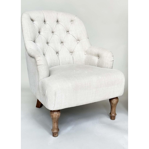 177 - ARMCHAIRS, a pair, Victorian style grey linen button back upholstery with arched backs and turned fr... 