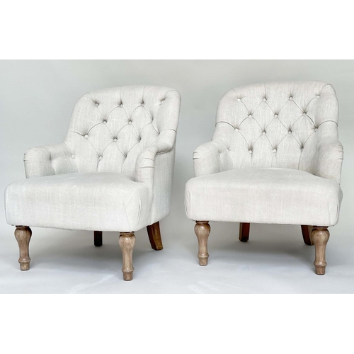 177 - ARMCHAIRS, a pair, Victorian style grey linen button back upholstery with arched backs and turned fr... 