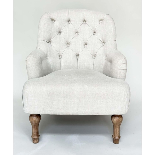 177 - ARMCHAIRS, a pair, Victorian style grey linen button back upholstery with arched backs and turned fr... 