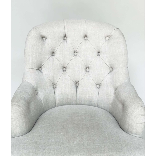 177 - ARMCHAIRS, a pair, Victorian style grey linen button back upholstery with arched backs and turned fr... 