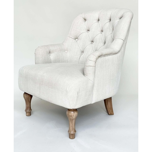 177 - ARMCHAIRS, a pair, Victorian style grey linen button back upholstery with arched backs and turned fr... 