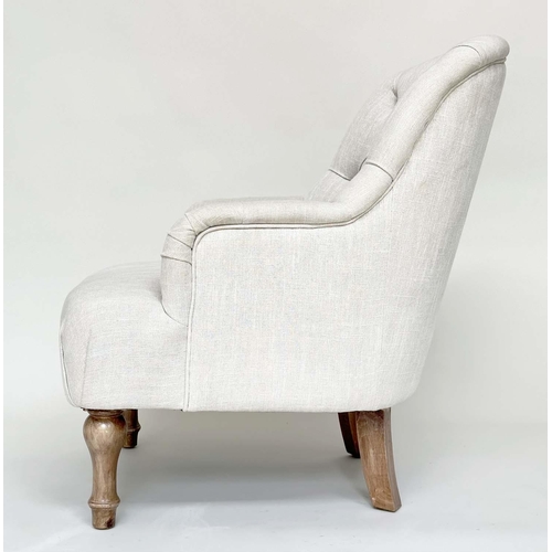 177 - ARMCHAIRS, a pair, Victorian style grey linen button back upholstery with arched backs and turned fr... 