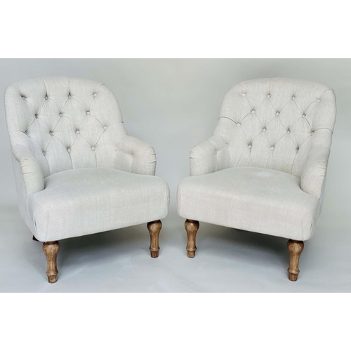 177 - ARMCHAIRS, a pair, Victorian style grey linen button back upholstery with arched backs and turned fr... 