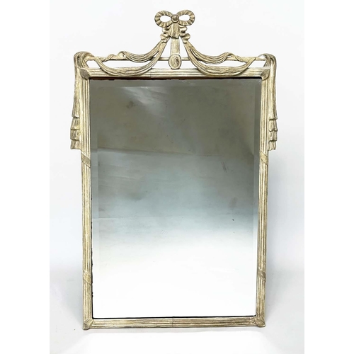 179 - WALL MIRROR, French style rectangular traditionally grey painted with reeded frame and bow crest, 13... 