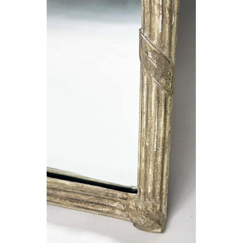 179 - WALL MIRROR, French style rectangular traditionally grey painted with reeded frame and bow crest, 13... 