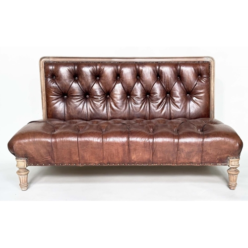 RALPH LAUREN SOFA BENCH, club style hand finished deep buttoned soft antique tan brown leather upholstery with turned supports, 168cm W x 91cm H x 80cm D.