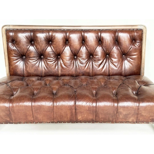 181 - RALPH LAUREN SOFA BENCH, club style hand finished deep buttoned soft antique tan brown leather uphol... 