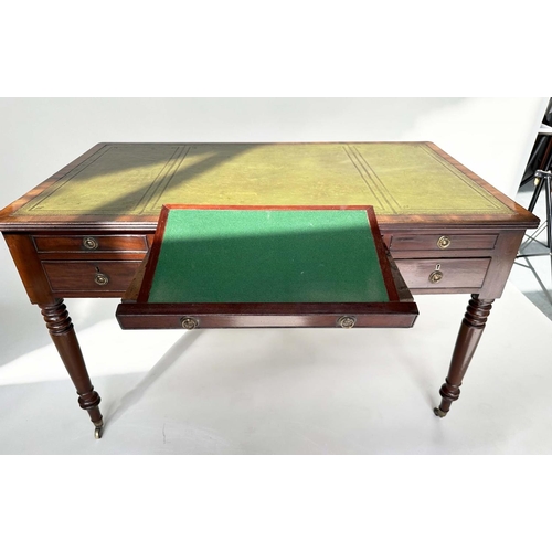 183 - PARTNERS WRITING TABLE, mid 19th century figured mahogany, with gilt tooled green leather writing su... 