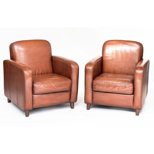 191 - CLUB ARMCHAIRS, a pair, Art Deco style hand finished soft tan brown leather, 75cm W. (2)